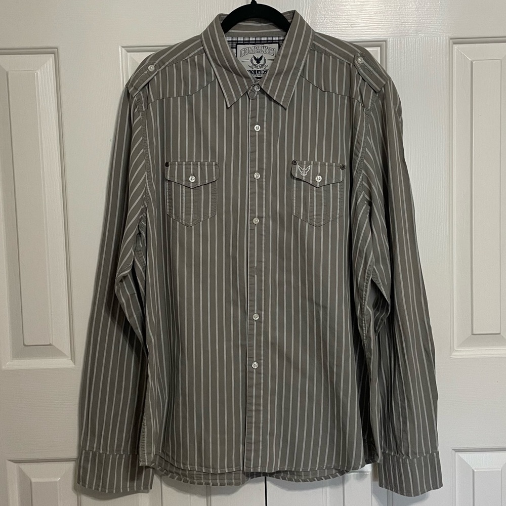 Young Men’s Casual Button Down Collared Shirt, Gray w/ White Pinstripes, XXL